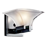 Kichler Tulare wall sconce with a broadly flared white shade and stepped chrome bracket