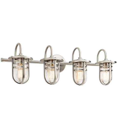 Kichler Caparros 45134NI four-light Brushed Nickel vanity fixture with clear inside-ribbed glass