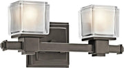 Kichler Rocklin 45142OZ two-light vanity fixture in Olde Bronze with etched glass