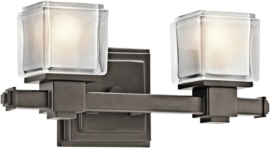 Kichler Rocklin 45142OZ two-light vanity fixture in Olde Bronze with etched glass