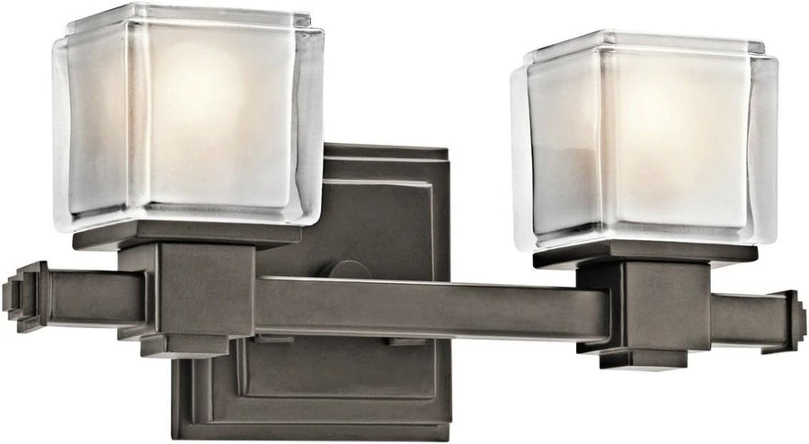 Kichler Rocklin 45142OZ two-light vanity fixture in Olde Bronze with etched glass