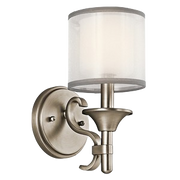 Lacey antique pewter wall sconce with a layered cylindrical shade, curved arm and flared cup.