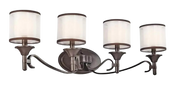 Kichler Lacey Mission Bronze vanity light with four white drum shades, curved arms and an oval backplate.