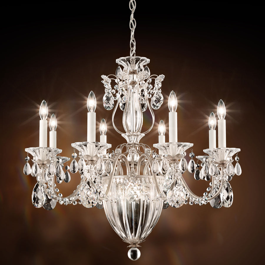 Illuminated Schonbek Bagatelle chandelier with crystal garlands and a sculpted glass centre