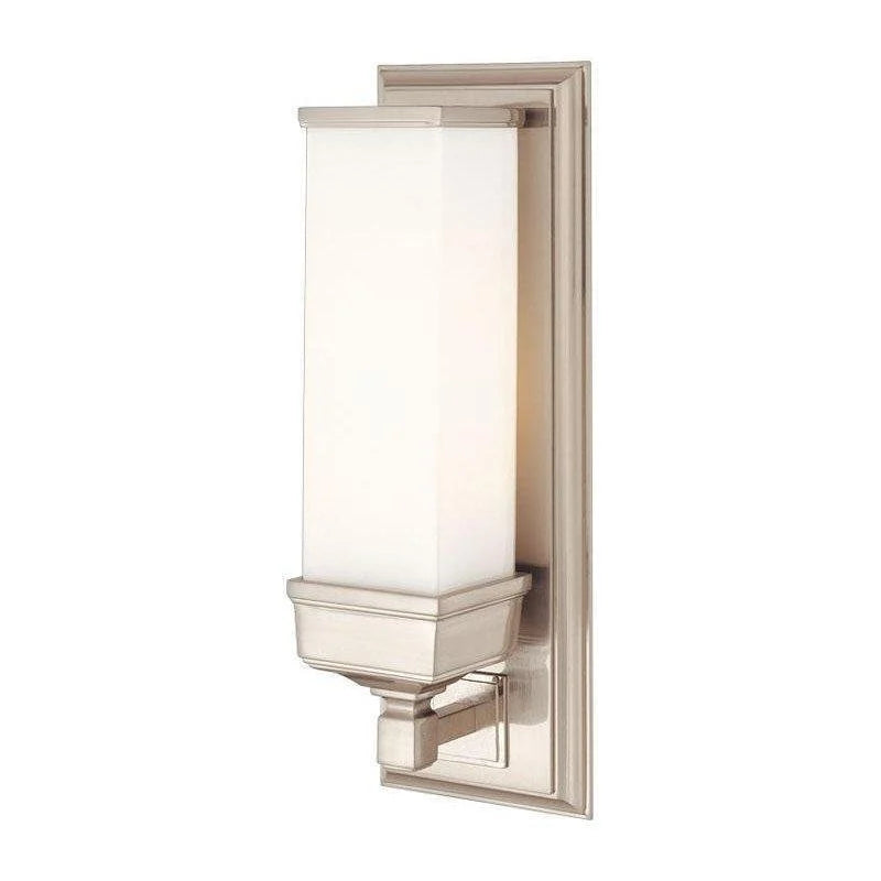 Hudson Valley Everett satin-nickel wall sconce with a tall opal shade and stepped rectangular backplate