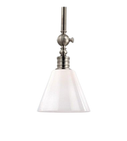 Hudson Valley Darien pendant with a white flared shade and Historic Nickel hardware