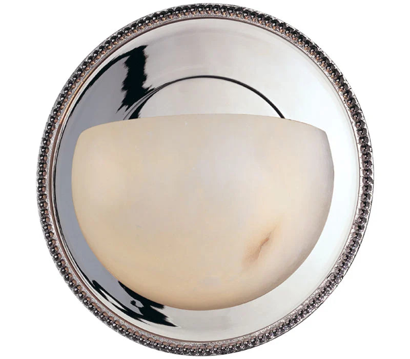 Front view of Hudson Valley Dalton nickel wall sconce with a veined cream bowl and beaded round plate