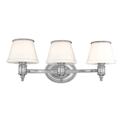 Hudson Valley Richmond 4943-PN vanity light with three tapered white shades and a beaded nickel backplate