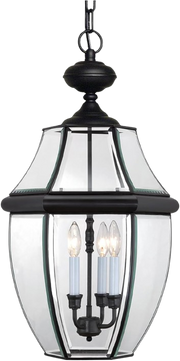 Quoizel Newbury black hanging lantern with clear flared glass and candle-style lights