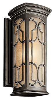 Kichler Franceasi bronze wall lantern with patterned metalwork and warm glass