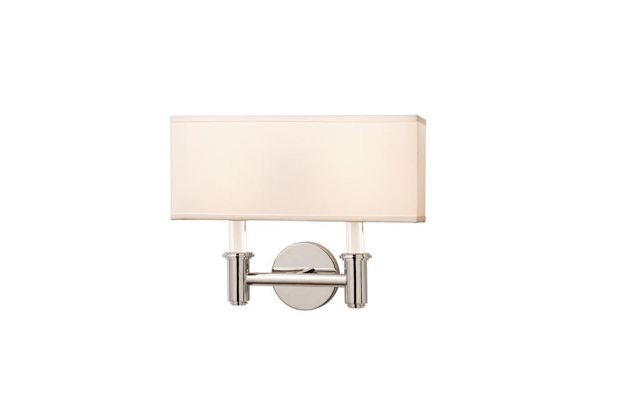 Kalco Dupont chrome wall sconce with a wide white rectangular shade and two clear vertical accent rods.