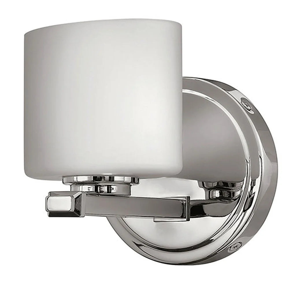 Angled view of Hinkley Ocho chrome bath sconce with an etched-opal shade and round backplate