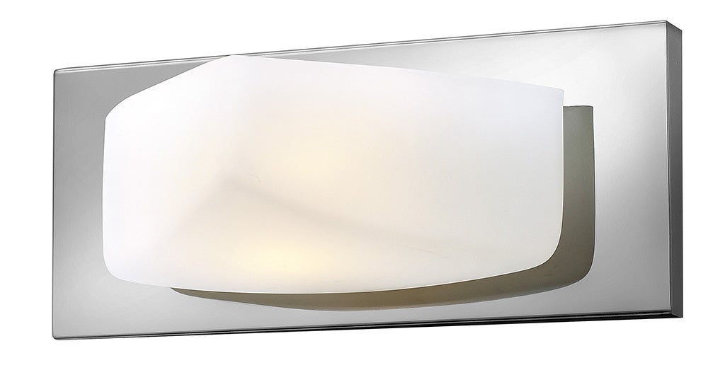 Hinkley Quantum chrome bath fixture with a broad curved pale shade and rectangular backplate