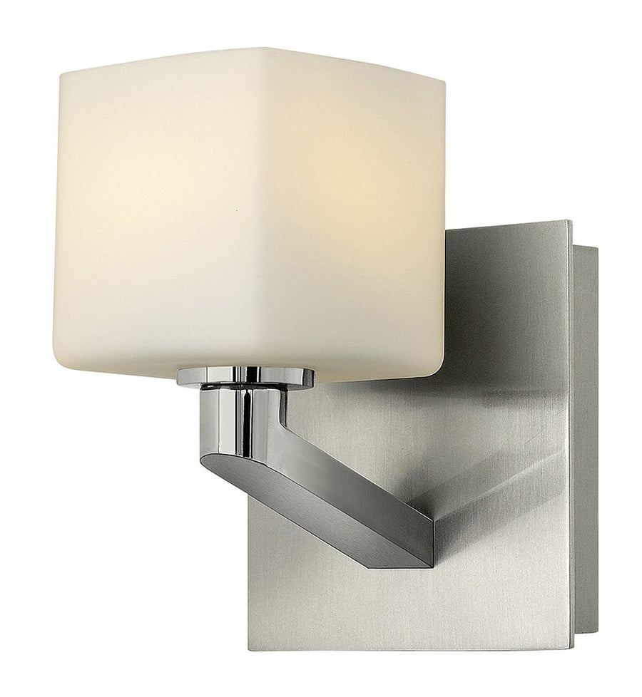 Hinkley Sophie Brushed Nickel wall light with a square white shade and angular bracket
