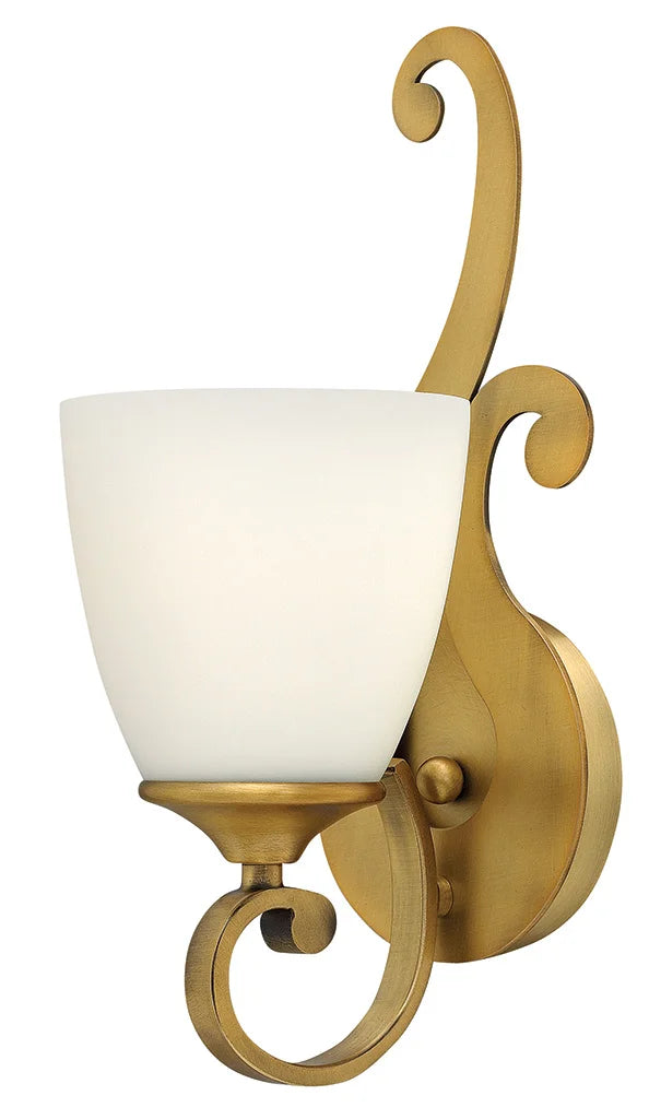 Hinkley Reese 56320BR wall sconce with white tapered glass, warm-metal scrollwork and circular backplate