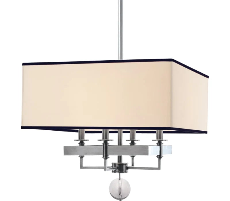 Hudson Valley Gresham Park 5645-PN chandelier with dark-trimmed rectangular shade, angular nickel arms and crystal sphere