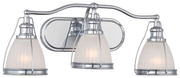 Minka-Lavery three-light vanity with pale ribbed shades and reflective metal supports