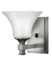 Hinkley Abbie 5850BN wall sconce with flared white glass, brushed nickel squared arm and rectangular plate