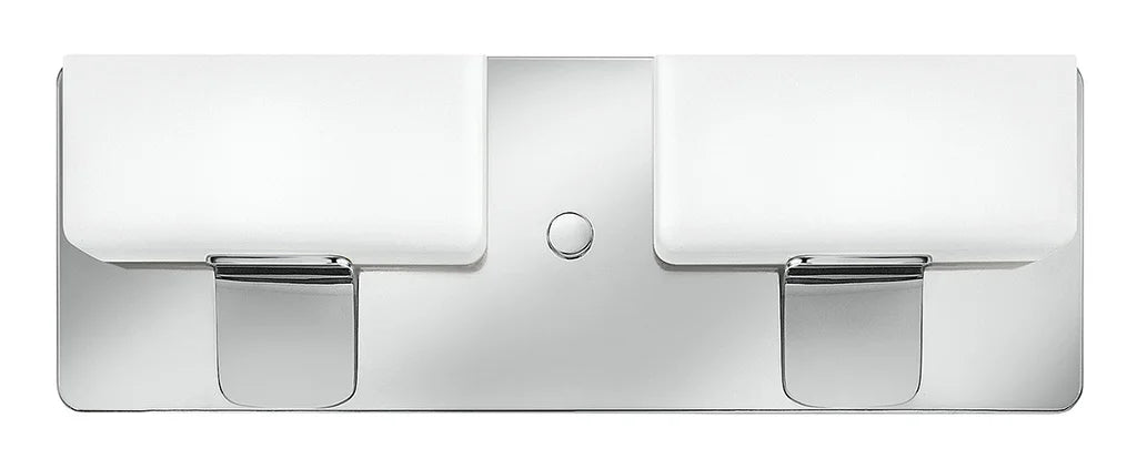 Hinkley Envy 5912CM chrome vanity light with two wide white glass shades on a rounded rectangular backplate