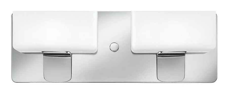 Hinkley Envy 5912CM chrome vanity light with two wide white glass shades on a rounded rectangular backplate