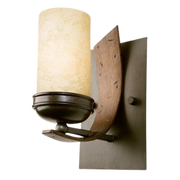 Varaluz Aizen 1-light bathroom vanity sconce in Hammered Ore with Aspen Bronze accents and etched opal glass
