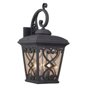 Quoizel Fort Quinn FQ8411MK wall lantern in Marcado Black with ornate scrolls and textured pale panels
