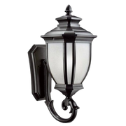 Kichler Salisbury 9042BK black wall lantern with a stepped roof, pale panels and curled lower support