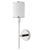 Hudson Valley Aberdeen 621-PN wall sconce with a banded white shade, long polished nickel stem and round backplate