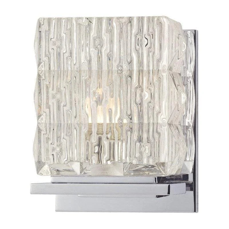 Close angled view of Torrington patterned glass and stepped polished-chrome mount