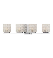 Torrington vanity light with four textured cylindrical shades, pale bands and a polished chrome bar.