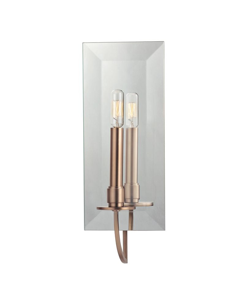 Angled view of Hudson Valley Somers bronze wall sconce with one candle holder reflected in a beveled mirror