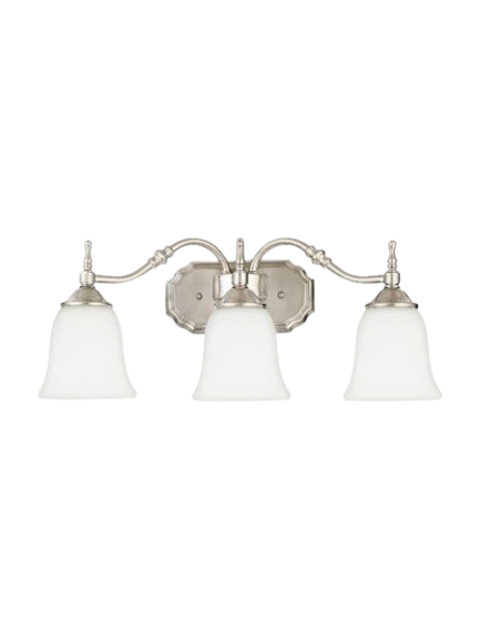 Quoizel Tritan TT8743BN vanity light with three downward white bell shades, a brushed nickel bar and stepped backplate