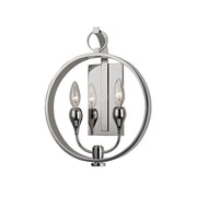 Hudson Valley Dresden wall sconce with two candle arms inside a polished-nickel circle