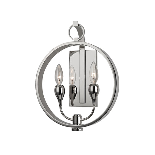 Hudson Valley Dresden wall sconce with two candle arms inside a polished-nickel circle