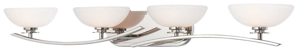 Chrome vanity light with four white bowl shades and sweeping intersecting arms.
