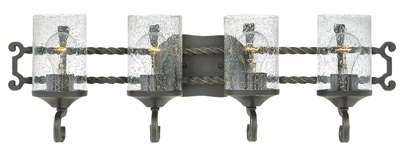 Hinkley Casa Olde Black vanity light with four seeded glass cylinders, twisted rails and scrolling details.