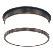 Hudson Valley Geneva 709-OB flush mount with white cylindrical glass and Old Bronze rings, angled view