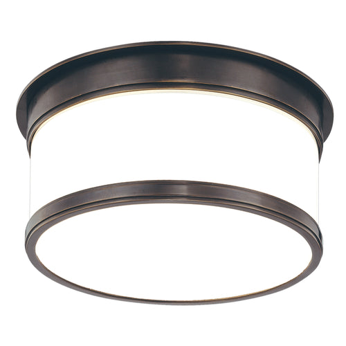 Hudson Valley Geneva 709-OB flush mount with white cylindrical glass and Old Bronze rings, angled view
