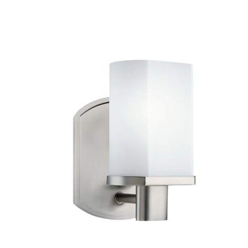 Kichler Legé brushed nickel wall sconce with a pale rectangular shade and compact backplate