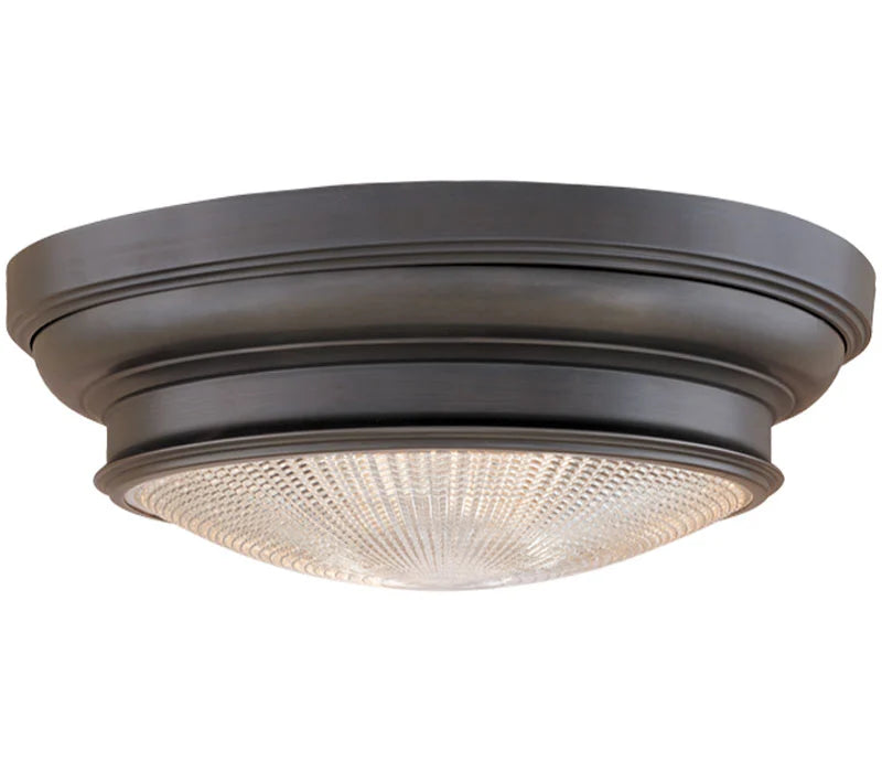 Hudson Valley Woodstock 7509-OB flush mount with stepped Old Bronze frame and shallow prismatic glass