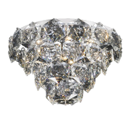 Flush ceiling light with a broad round plate and tapered tiers of clear faceted drops.