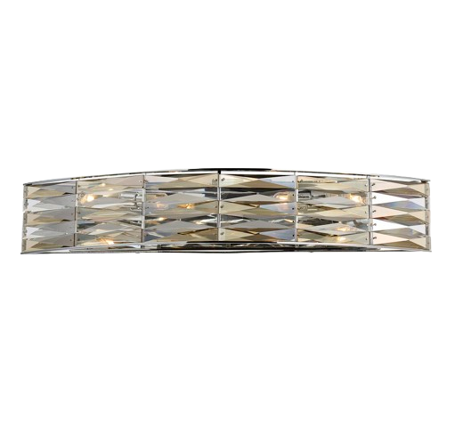 Lancaster vanity light with a bowed polished chrome bar and angular faceted elements.