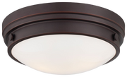 Minka-Lavery flush mount with layered Lathan Bronze trim and a shallow white diffuser
