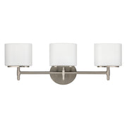 Front view of Hudson Valley Trinity satin-nickel vanity light with three rounded opal shades