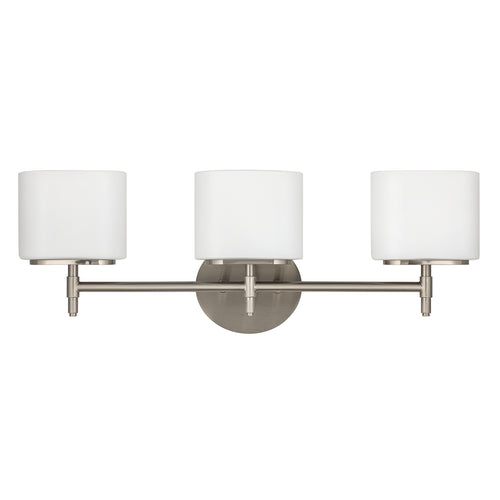 Front view of Hudson Valley Trinity satin-nickel vanity light with three rounded opal shades