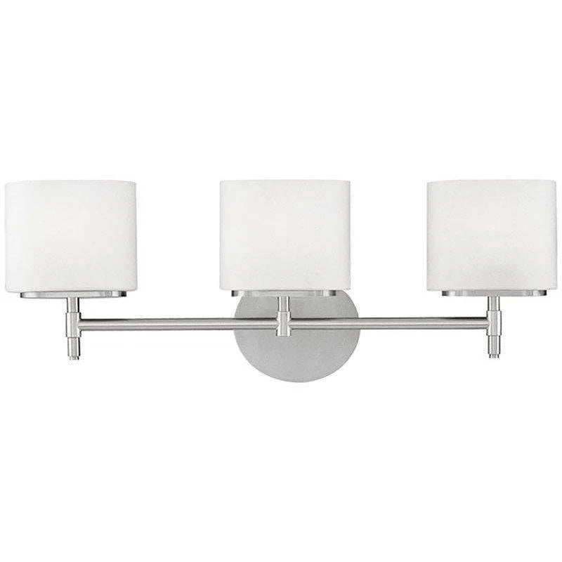 Hudson Valley Trinity satin-nickel vanity bar with three opal shades and a rounded backplate