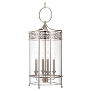 Hudson Valley Amelia pendant with four candle-style lamps inside a clear cylinder and Polished Nickel decorative crown