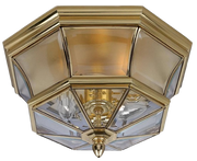 Quoizel Newbury NY1794B brass ceiling light with faceted clear glass, a stepped rim and lower finial.