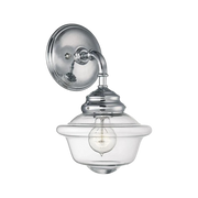 Fairfield chrome wall sconce with a clear schoolhouse-shaped enclosure and one visible bulb.