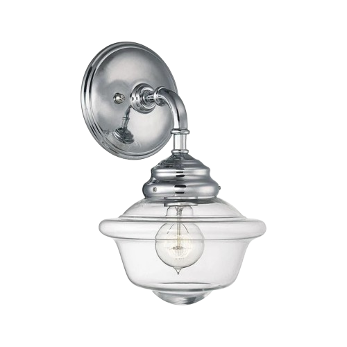 Fairfield chrome wall sconce with a clear schoolhouse-shaped enclosure and one visible bulb.